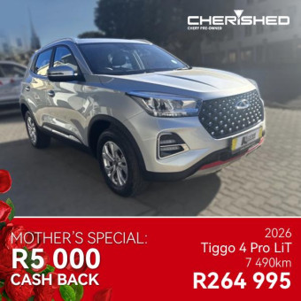 Get R5000 CASH BACK on this 2026 Tiggo 4 Pro LiT*
