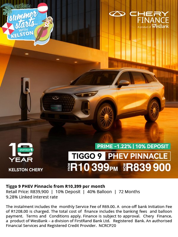 New Tiggo 9 CSH from R10,399pm