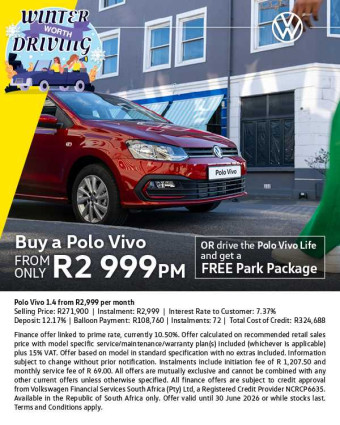 Get a Polo Vivo from R2,999pm OR get a FREE Park Package